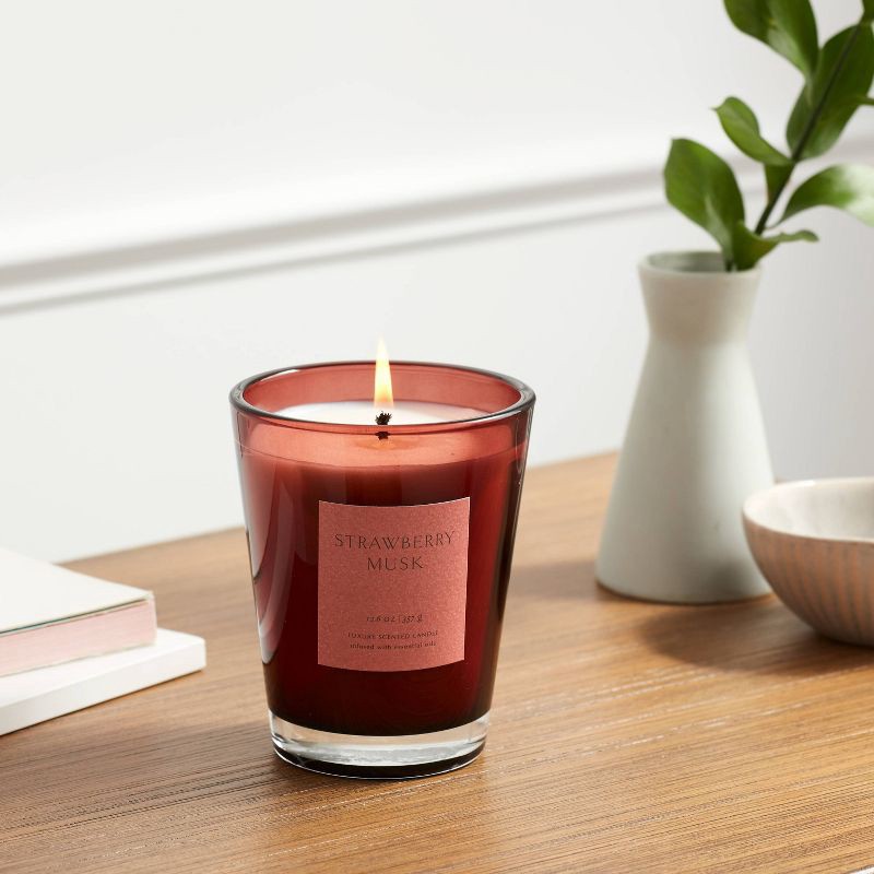 slide 2 of 5, 12.6oz Colored Vase Glass with Dustcover Strawberry Musk Candle Red - Threshold™: Palm Wax, Mimosa & Cedar Scents, 52hr Burn Time, 12.6 oz