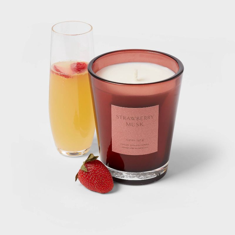 slide 3 of 5, 12.6oz Colored Vase Glass with Dustcover Strawberry Musk Candle Red - Threshold™: Palm Wax, Mimosa & Cedar Scents, 52hr Burn Time, 12.6 oz