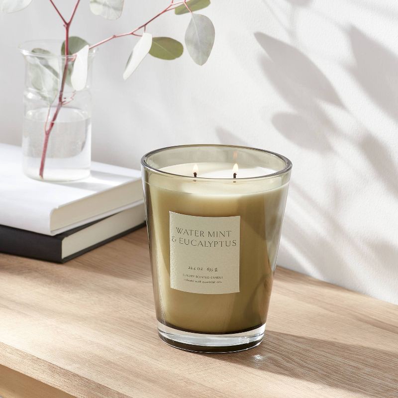 slide 2 of 5, 22.4oz Colored Vase Glass with Dustcover Watermint and Eucalyptus Candle Green - Threshold™: Palm Wax, 64hr Burn Time, Dual Wick, 22.4 oz