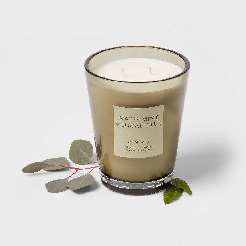 slide 3 of 5, 22.4oz Colored Vase Glass with Dustcover Watermint and Eucalyptus Candle Green - Threshold™: Palm Wax, 64hr Burn Time, Dual Wick, 22.4 oz