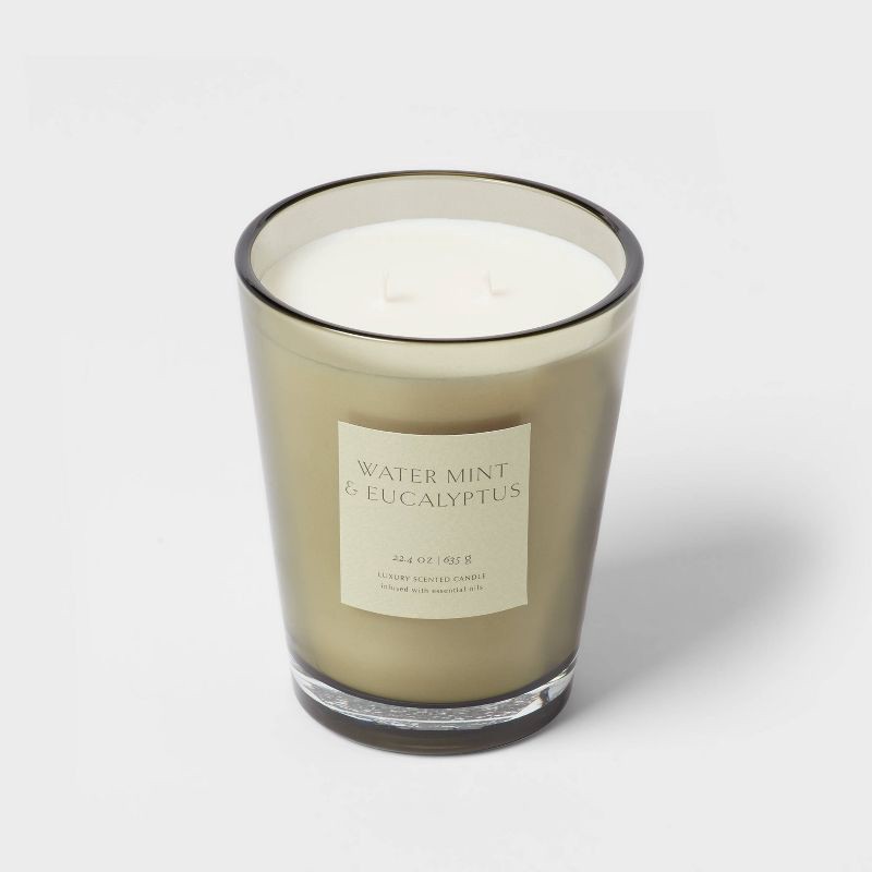 slide 4 of 5, 22.4oz Colored Vase Glass with Dustcover Watermint and Eucalyptus Candle Green - Threshold™: Palm Wax, 64hr Burn Time, Dual Wick, 22.4 oz