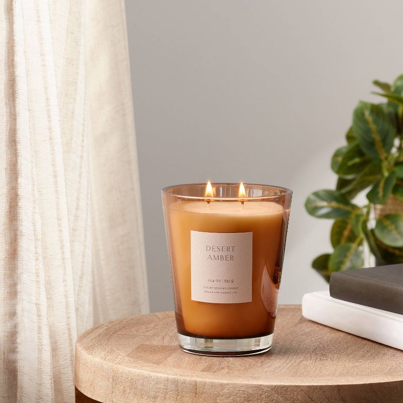 slide 2 of 6, 22.4oz Colored Vase Glass with Dustcover Desert Amber Candle Brown - Threshold™: Soothing Scent, Palm Wax, 22.4 oz