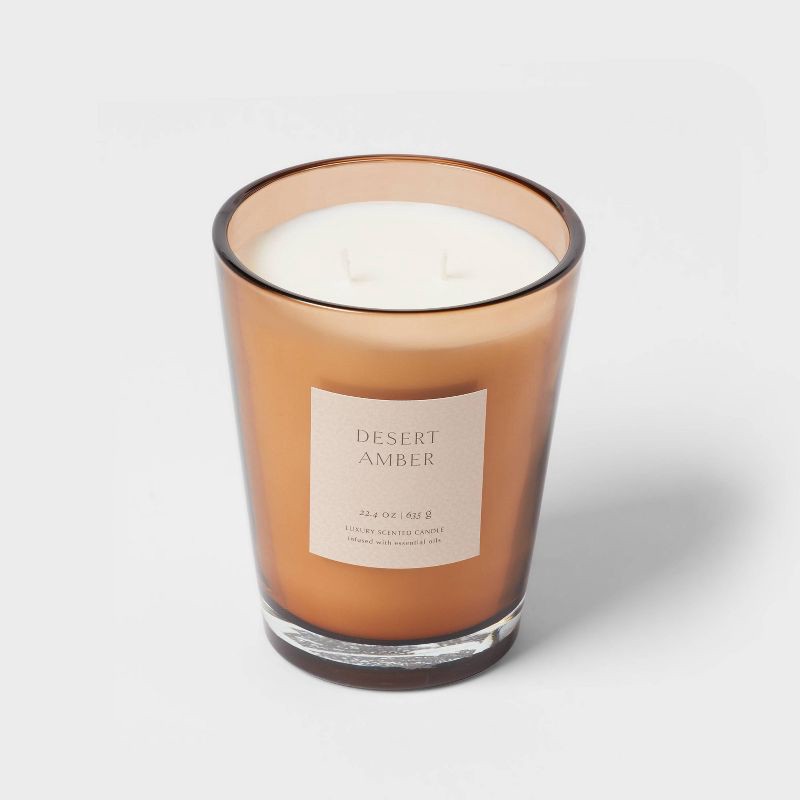 slide 4 of 6, 22.4oz Colored Vase Glass with Dustcover Desert Amber Candle Brown - Threshold™: Soothing Scent, Palm Wax, 22.4 oz