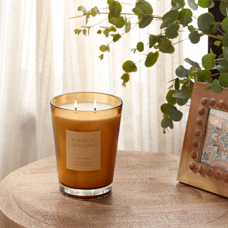 slide 2 of 5, 22.4oz Tobacco & Bergamot Scented Candle with Glass Vase & Dustcover - Threshold™: Palm Wax, Dual Wick, 22.4 oz