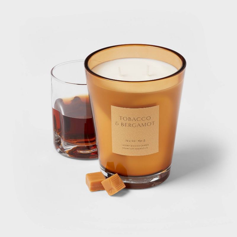 slide 3 of 5, 22.4oz Tobacco & Bergamot Scented Candle with Glass Vase & Dustcover - Threshold™: Palm Wax, Dual Wick, 22.4 oz