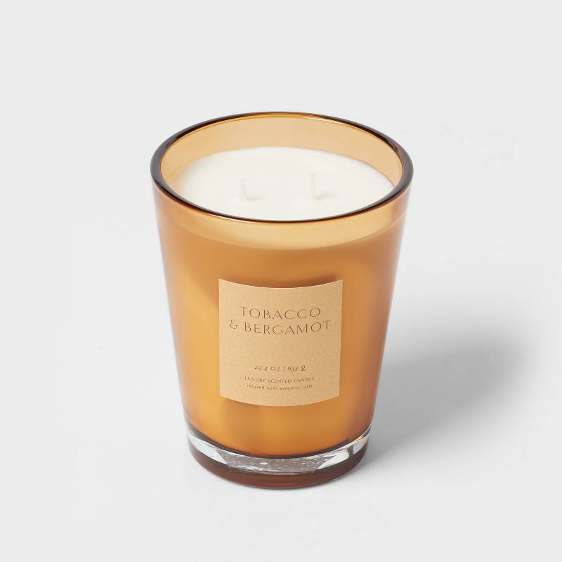 slide 4 of 5, 22.4oz Tobacco & Bergamot Scented Candle with Glass Vase & Dustcover - Threshold™: Palm Wax, Dual Wick, 22.4 oz