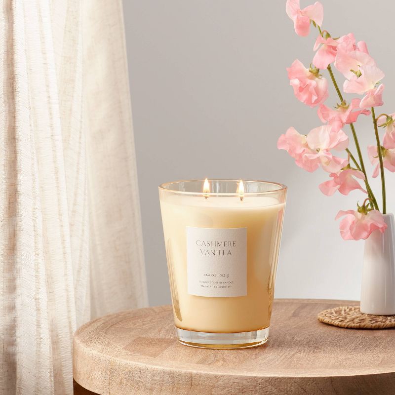 slide 2 of 5, Colored Vase Glass with Dustcover Cashmere Vanilla Jar Candle Ivory 22.4oz - Threshold™: Palm Wax, 64hr Burn Time, 22.4 oz