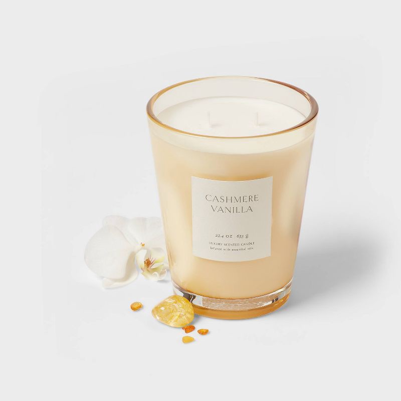 slide 3 of 5, Colored Vase Glass with Dustcover Cashmere Vanilla Jar Candle Ivory 22.4oz - Threshold™: Palm Wax, 64hr Burn Time, 22.4 oz