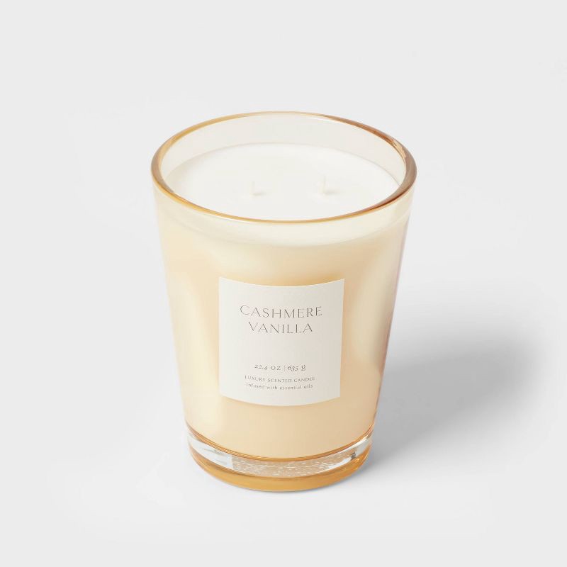 slide 4 of 5, Colored Vase Glass with Dustcover Cashmere Vanilla Jar Candle Ivory 22.4oz - Threshold™: Palm Wax, 64hr Burn Time, 22.4 oz