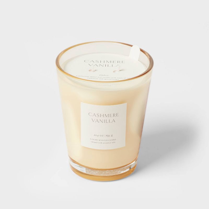 slide 1 of 5, Colored Vase Glass with Dustcover Cashmere Vanilla Jar Candle Ivory 22.4oz - Threshold™: Palm Wax, 64hr Burn Time, 22.4 oz