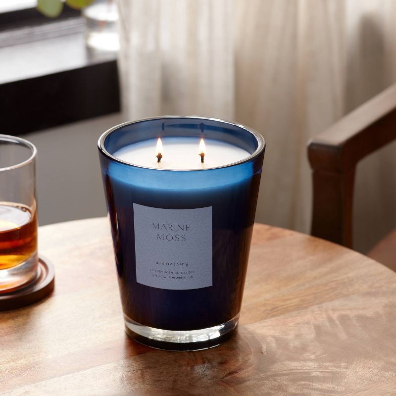 slide 2 of 5, 22.4oz Colored Vase Glass with Dustcover Marine Moss Candle Blue - Threshold™: Palm Wax, Ocean Scent, Jar Style, 22.4 oz
