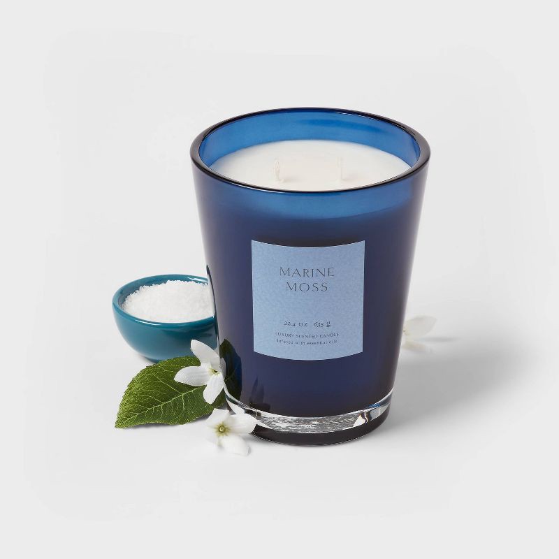 slide 3 of 5, 22.4oz Colored Vase Glass with Dustcover Marine Moss Candle Blue - Threshold™: Palm Wax, Ocean Scent, Jar Style, 22.4 oz