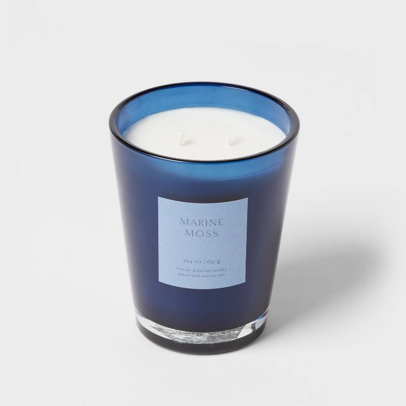 slide 4 of 5, 22.4oz Colored Vase Glass with Dustcover Marine Moss Candle Blue - Threshold™: Palm Wax, Ocean Scent, Jar Style, 22.4 oz