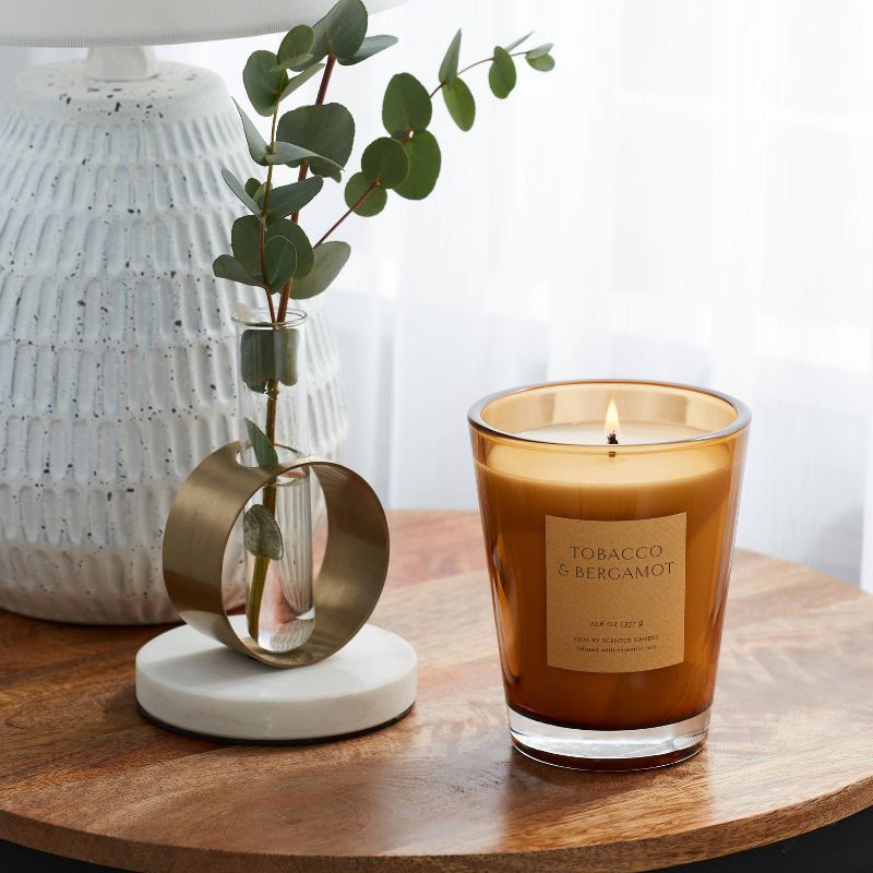 slide 2 of 5, 12.6oz Colored Vase Glass with Dustcover Tobacco and Bergamot Candle Yellow - Threshold™: Palm Wax, 52hr Burn Time, Glass Jar, 12.6 oz