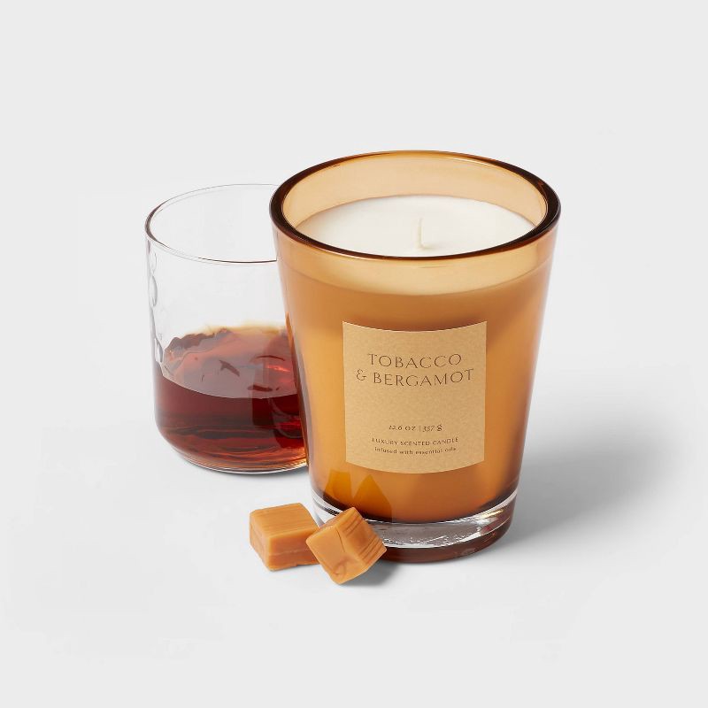 slide 3 of 5, 12.6oz Colored Vase Glass with Dustcover Tobacco and Bergamot Candle Yellow - Threshold™: Palm Wax, 52hr Burn Time, Glass Jar, 12.6 oz
