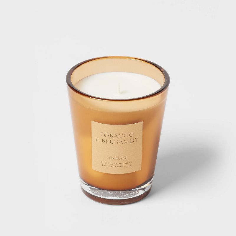 slide 4 of 5, 12.6oz Colored Vase Glass with Dustcover Tobacco and Bergamot Candle Yellow - Threshold™: Palm Wax, 52hr Burn Time, Glass Jar, 12.6 oz