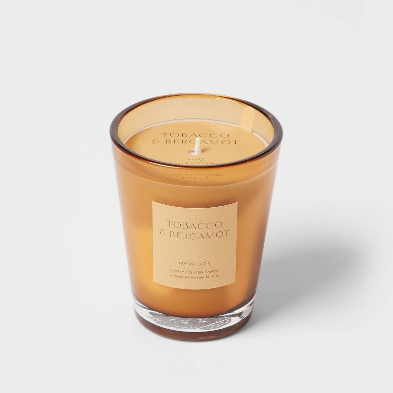slide 1 of 5, 12.6oz Colored Vase Glass with Dustcover Tobacco and Bergamot Candle Yellow - Threshold™: Palm Wax, 52hr Burn Time, Glass Jar, 12.6 oz