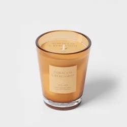12.6oz Colored Vase Glass with Dustcover Tobacco and Bergamot Candle Yellow - Threshold™: Palm Wax, 52hr Burn Time, Glass Jar