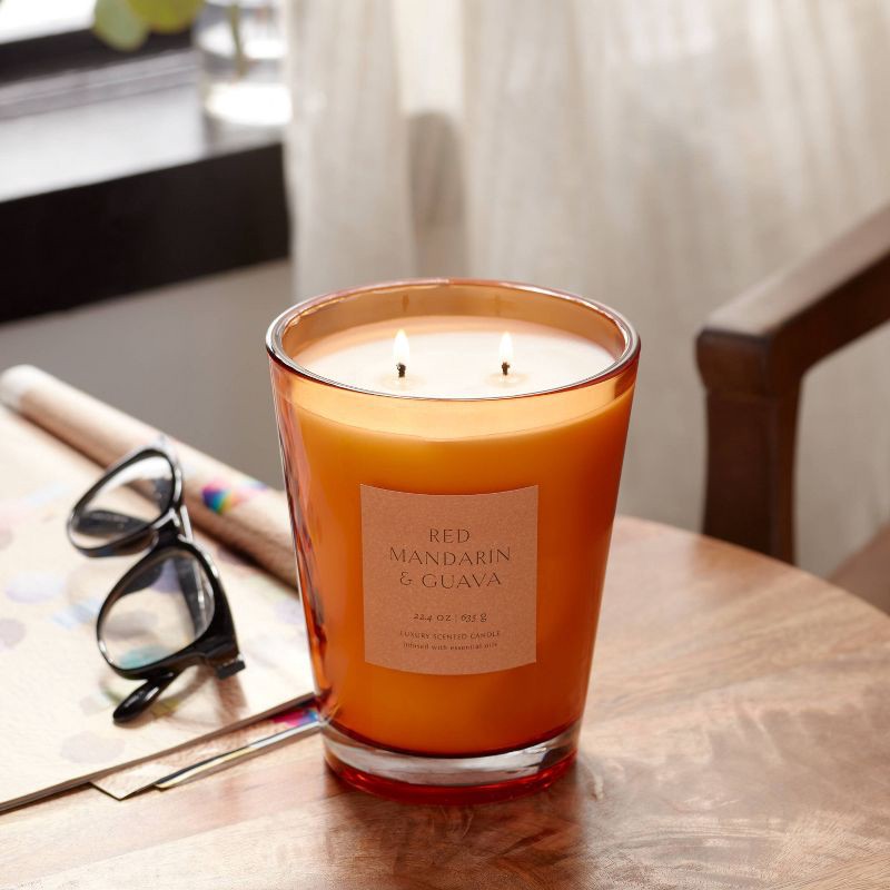 slide 2 of 5, 22.4oz Colored Vase Glass with Dustcover Mandarin & Guava Candle Orange - Threshold™, 22.4 oz