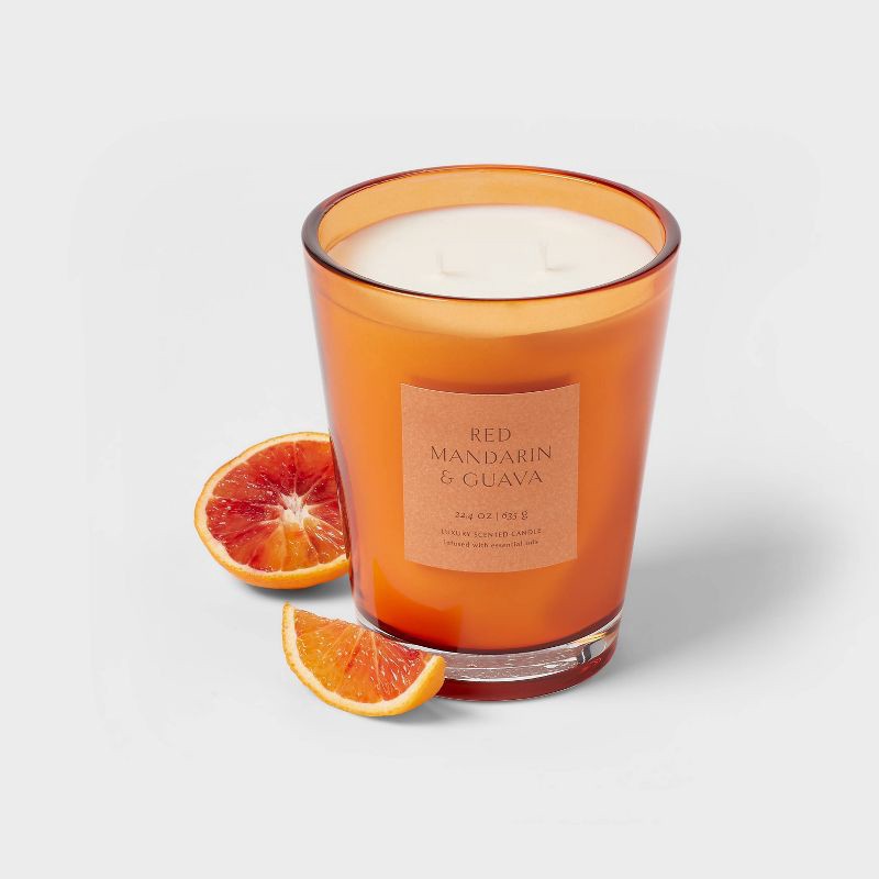 slide 3 of 5, 22.4oz Colored Vase Glass with Dustcover Mandarin & Guava Candle Orange - Threshold™, 22.4 oz