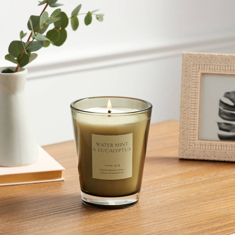 slide 2 of 5, 12.6oz Colored Vase Glass with Dustcover Watermint and Eucalyptus Candle Green - Threshold™: Palm Wax, 52hr Burn Time, Jar Style, 12.6 oz