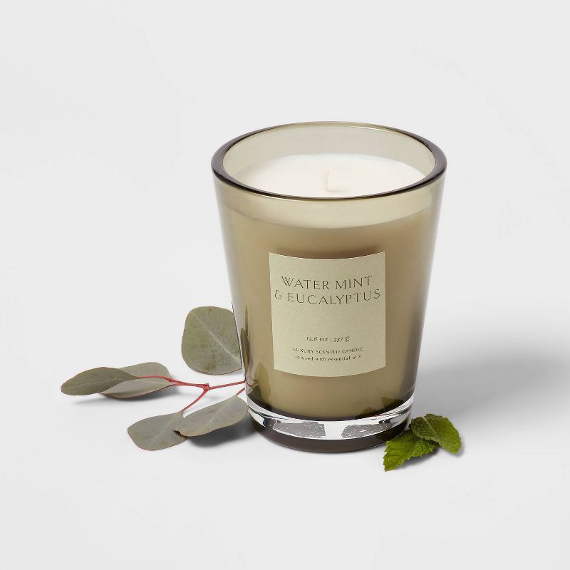 slide 3 of 5, 12.6oz Colored Vase Glass with Dustcover Watermint and Eucalyptus Candle Green - Threshold™: Palm Wax, 52hr Burn Time, Jar Style, 12.6 oz