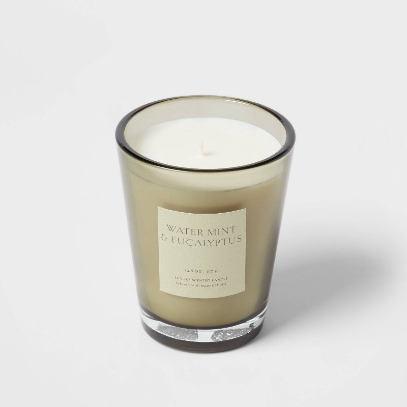 slide 4 of 5, 12.6oz Colored Vase Glass with Dustcover Watermint and Eucalyptus Candle Green - Threshold™: Palm Wax, 52hr Burn Time, Jar Style, 12.6 oz
