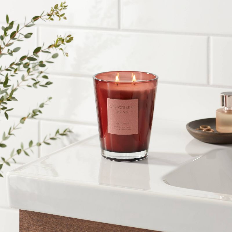 slide 2 of 5, Colored Vase with Dustcover 2-Wick Strawberry Musk & Cedar Scented Glass Jar Candle Red 22.4oz - Threshold™: Mimosa Essence, 64hr Burn, 22.4 oz