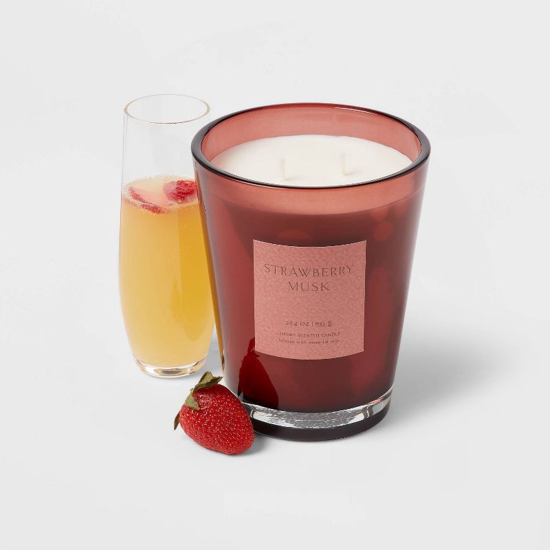 slide 3 of 5, Colored Vase with Dustcover 2-Wick Strawberry Musk & Cedar Scented Glass Jar Candle Red 22.4oz - Threshold™: Mimosa Essence, 64hr Burn, 22.4 oz