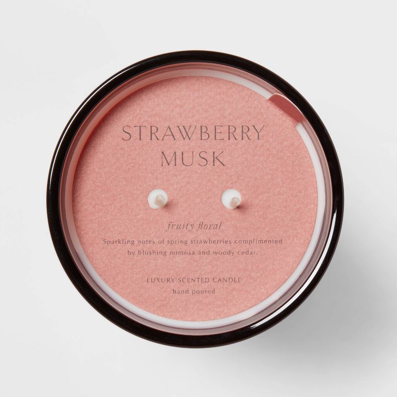 slide 5 of 5, Colored Vase with Dustcover 2-Wick Strawberry Musk & Cedar Scented Glass Jar Candle Red 22.4oz - Threshold™: Mimosa Essence, 64hr Burn, 22.4 oz