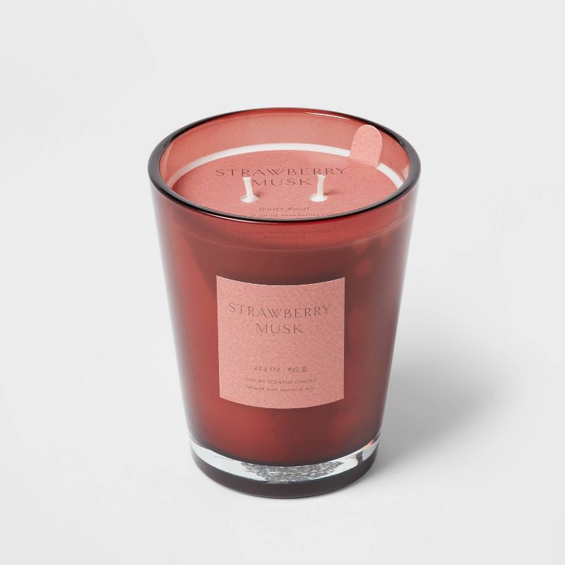 slide 1 of 5, Colored Vase with Dustcover 2-Wick Strawberry Musk & Cedar Scented Glass Jar Candle Red 22.4oz - Threshold™: Mimosa Essence, 64hr Burn, 22.4 oz