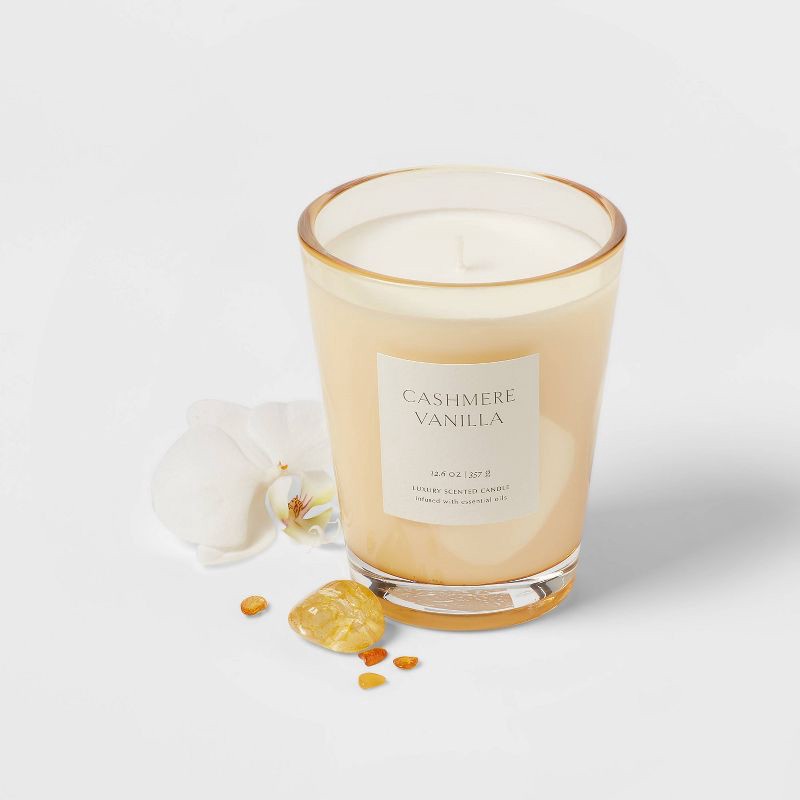 slide 3 of 5, 12.6oz Colored Vase Glass with Dustcover Cashmere Vanilla Candle Ivory - Threshold™, 12.6 oz