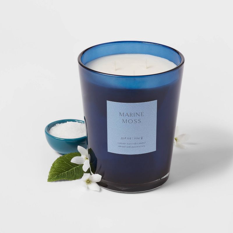 slide 3 of 5, 35.8oz Colored Vase Glass with Dustcover Marine Moss Candle Blue - Threshold™: Elegant Glass Jar, 3 Wicks, 70hr Burn Time, 35.8 oz
