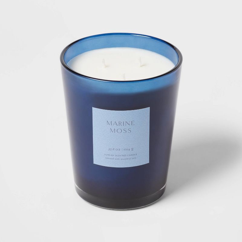 slide 4 of 5, 35.8oz Colored Vase Glass with Dustcover Marine Moss Candle Blue - Threshold™: Elegant Glass Jar, 3 Wicks, 70hr Burn Time, 35.8 oz