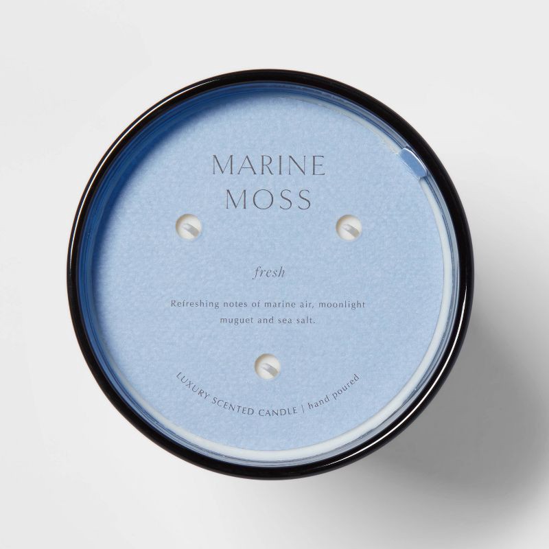 slide 5 of 5, 35.8oz Colored Vase Glass with Dustcover Marine Moss Candle Blue - Threshold™: Elegant Glass Jar, 3 Wicks, 70hr Burn Time, 35.8 oz