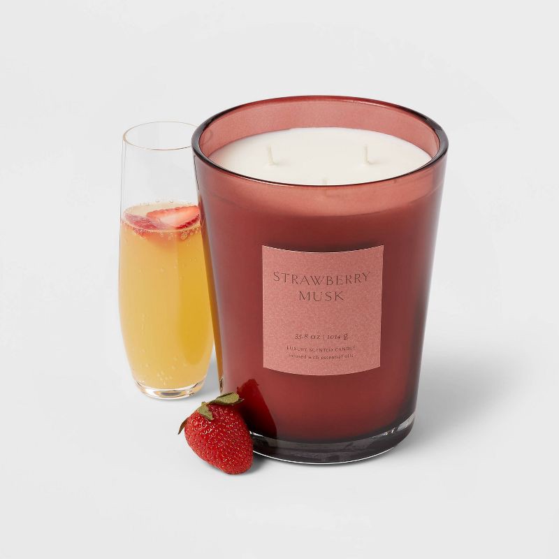 slide 3 of 5, 35.8oz Colored Vase Glass with Dustcover Strawberry Musk Candle Red - Threshold™: 3-Wick, Palm Wax, 70hr Burn Time, 35.8 oz