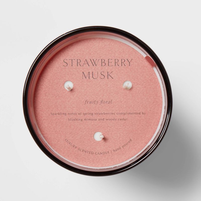 slide 5 of 5, 35.8oz Colored Vase Glass with Dustcover Strawberry Musk Candle Red - Threshold™: 3-Wick, Palm Wax, 70hr Burn Time, 35.8 oz