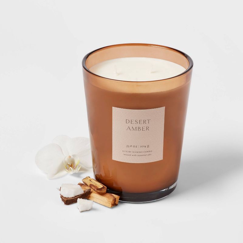 slide 3 of 5, 35.8oz Desert Amber Candle with Dustcover - Threshold™: Palm Wax, 3 Wicks, 70hr Burn Time, 35.8 oz