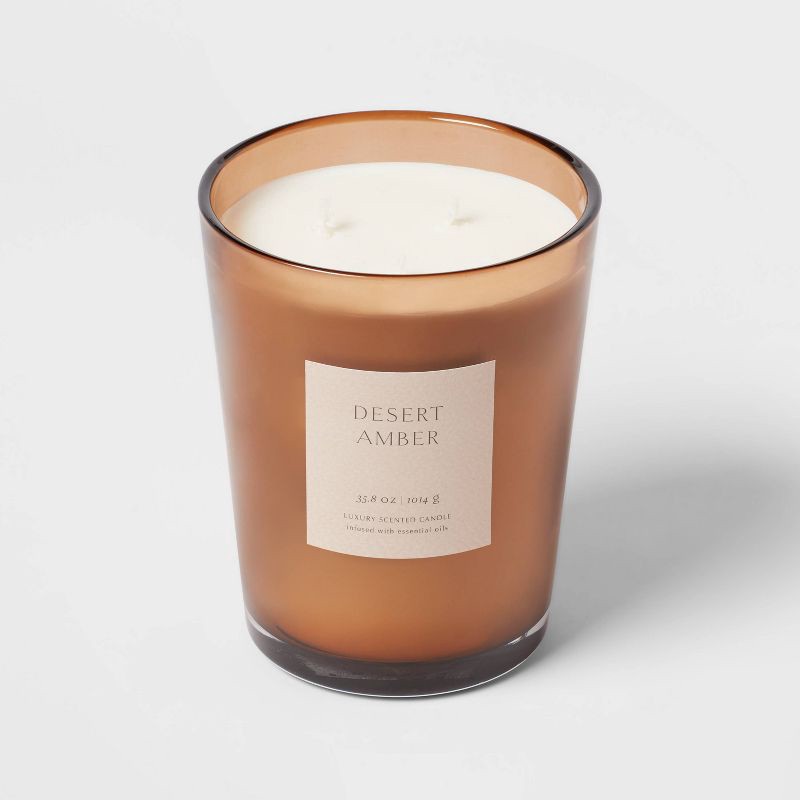 slide 4 of 5, 35.8oz Desert Amber Candle with Dustcover - Threshold™: Palm Wax, 3 Wicks, 70hr Burn Time, 35.8 oz