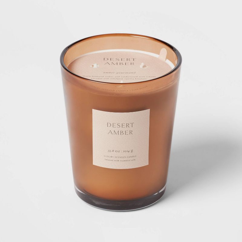 slide 1 of 5, 35.8oz Desert Amber Candle with Dustcover - Threshold™: Palm Wax, 3 Wicks, 70hr Burn Time, 35.8 oz