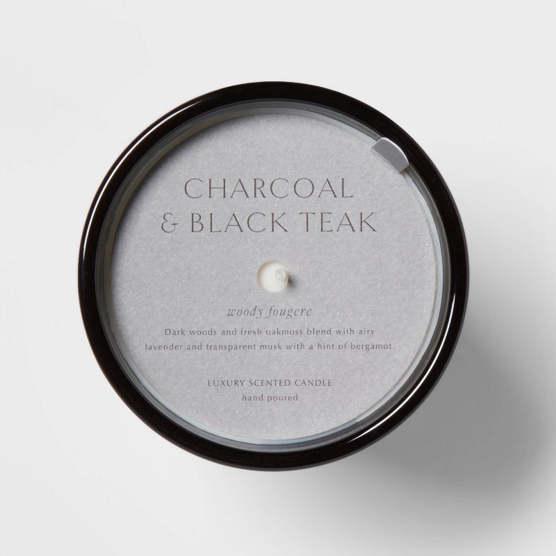 slide 5 of 5, 12.6oz Colored Vase Glass with Dustcover & Black Teak Candle Black - Threshold™: Oakmoss, Lavender Scent, 52hr Burn Time, 12.6 oz