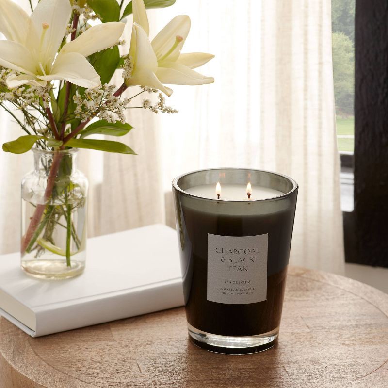 slide 2 of 5, 22.4oz Colored Vase Glass with Dustcover & Black Teak Candle Black - Threshold™: Oakmoss & Lavender Scent, 64hr Burn Time, 22.4 oz