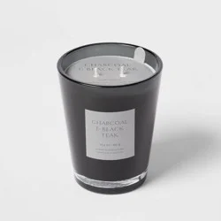 22.4oz Colored Vase Glass with Dustcover & Black Teak Candle Black - Threshold™: Oakmoss & Lavender Scent, 64hr Burn Time