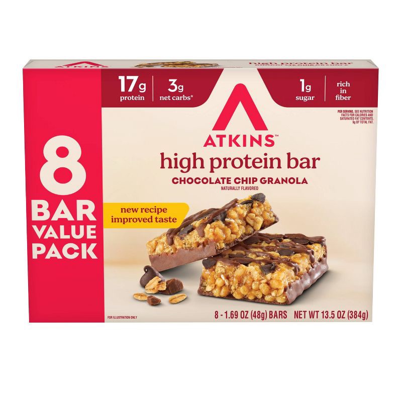slide 1 of 6, Atkins Chocolate Chip Granola Soy Protein Bars - 17g Protein - 13.5oz/8ct, 13.5 oz, 8 ct
