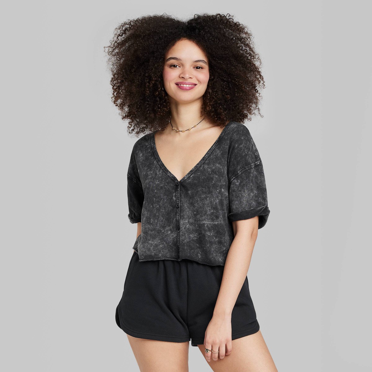 slide 2 of 3, Women's Short Sleeve Button-Front V-Neck Cropped Boxy T-Shirt - Wild Fable Black XXS, 1 ct