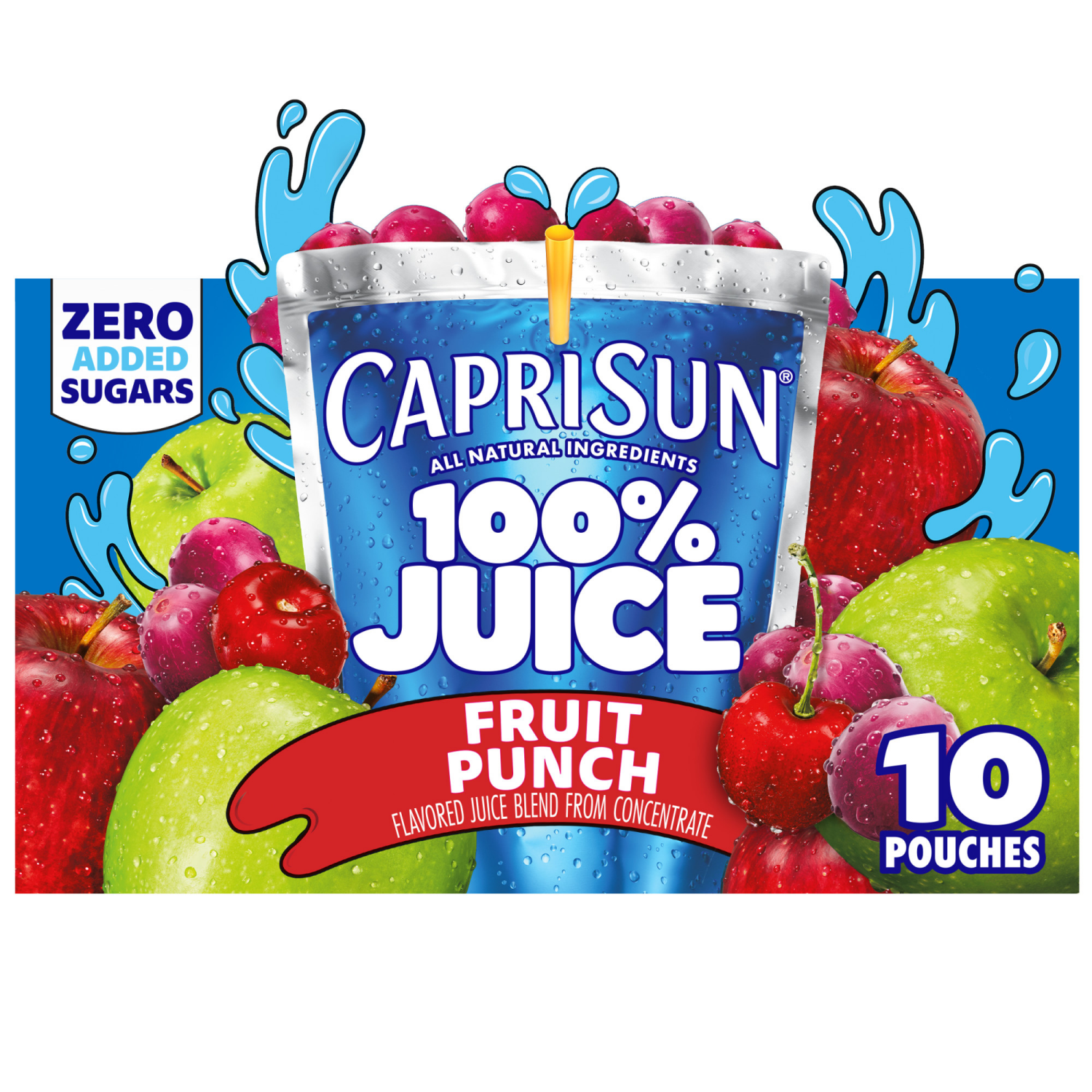 slide 1 of 5, Capri Sun 100% Juice Fruit Punch Flavored All-Natural Juice Blend from Concentrate with added ingredients and other natural flavors, 10 ct Box, 6 fl oz Pouches, 10 ct