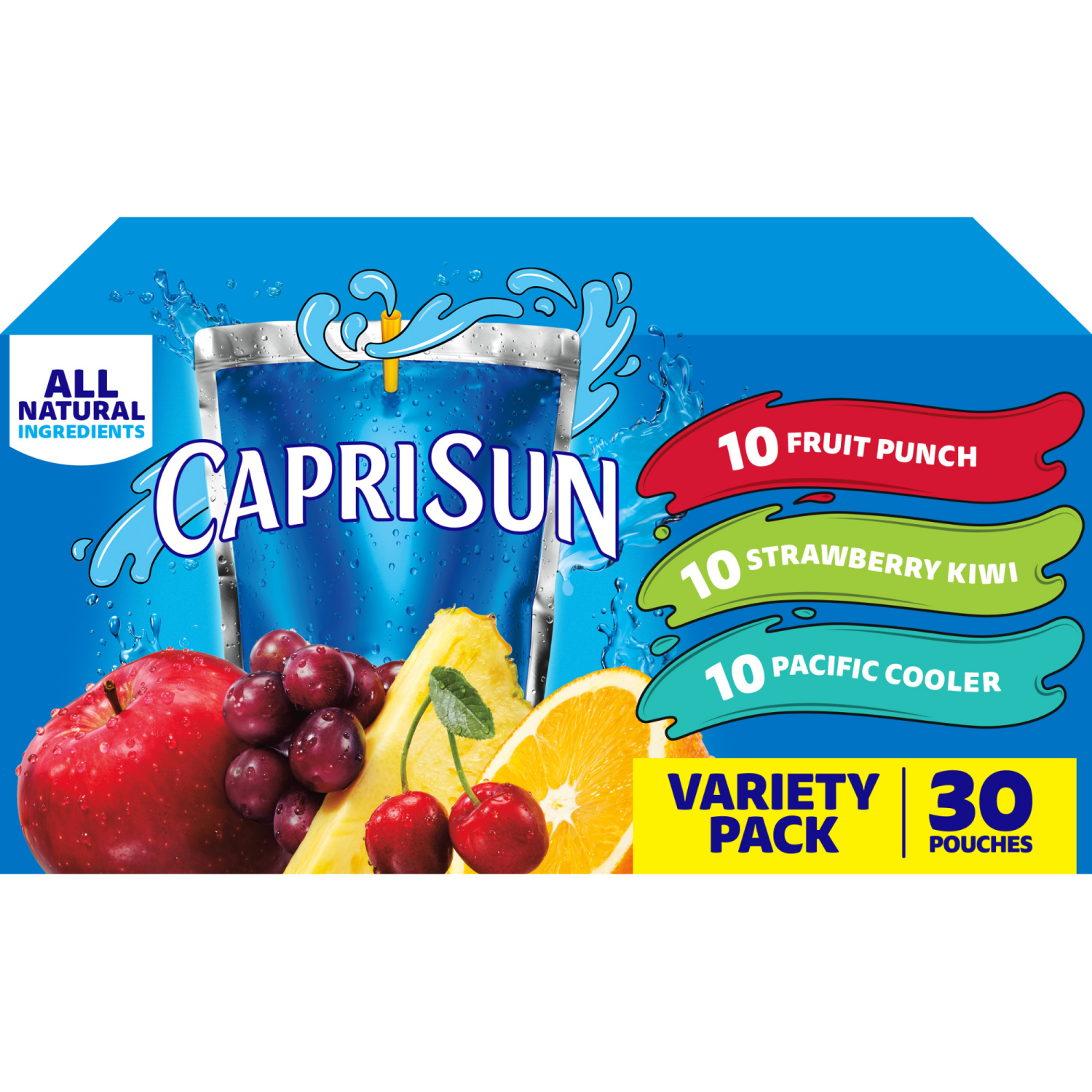slide 1 of 8, Capri Sun Fruit Punch, Strawberry Kiwi and Pacific Cooler Flavored Juice Drink Blend Variety Pack, 30 ct Box, 6 fl oz Pouches, 30 ct