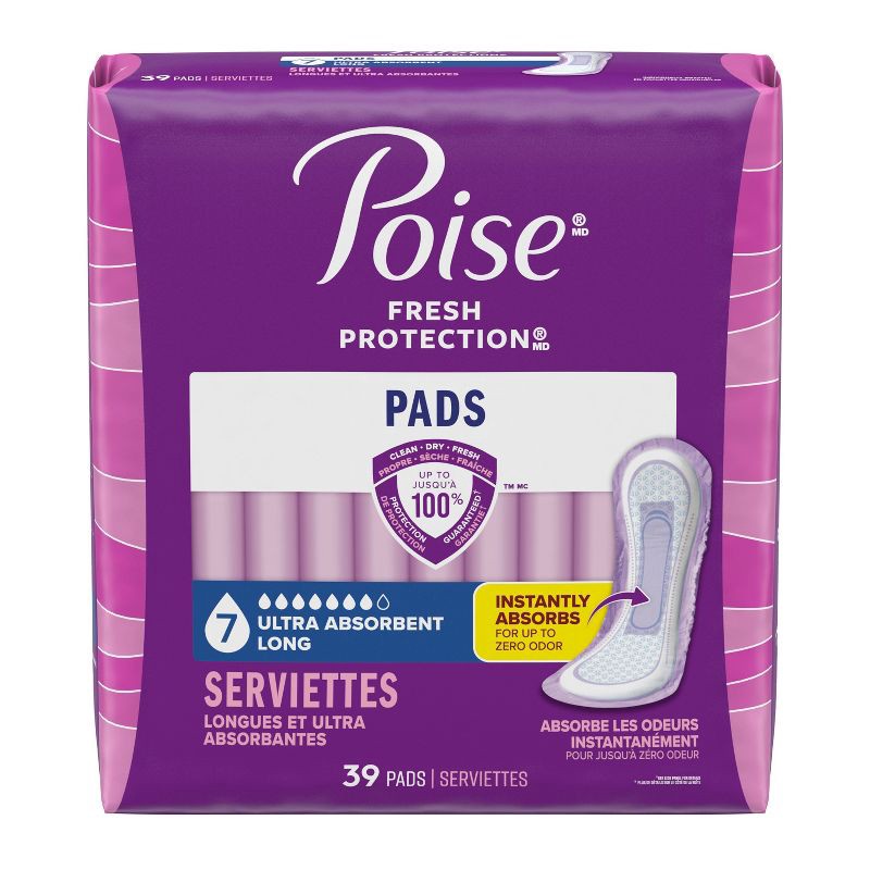 slide 2 of 7, Poise Incontinence Pads for Women - Ultra Absorbency - 7 Drop - Long - 39ct, 39 ct