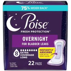 Poise Overnight Incontinence Pads for Women - Ultimate Extra Coverage - 8 Drop - Extra Coverage - 22ct