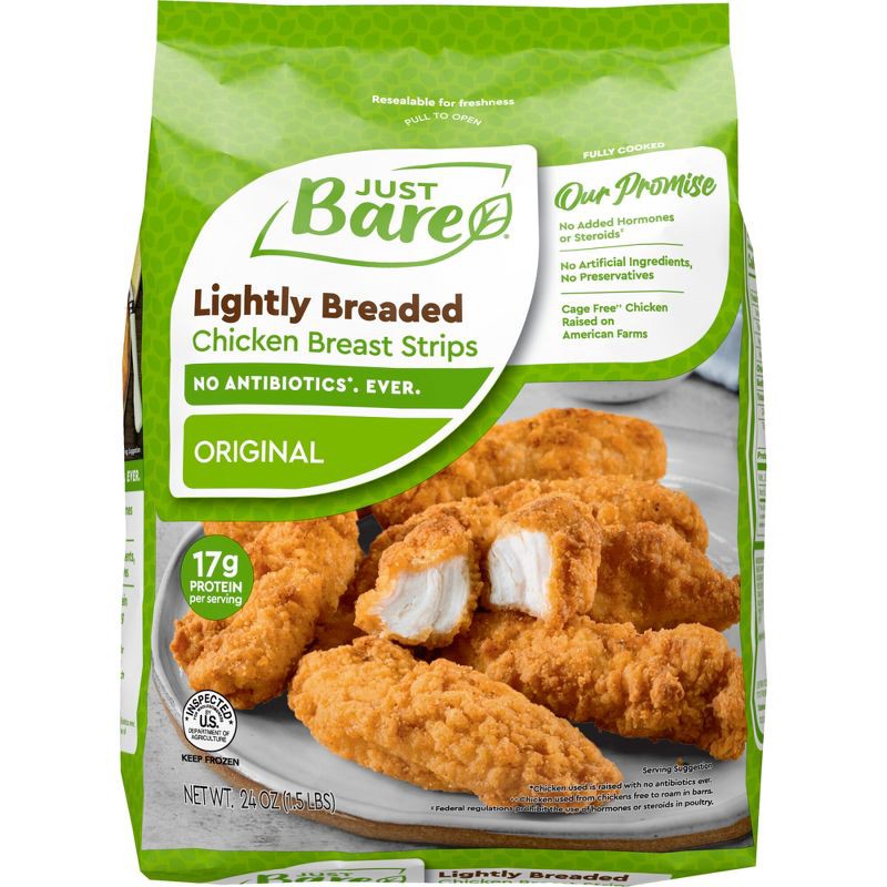 slide 1 of 7, Just Bare Lightly Breaded Chicken Breast Strips - Frozen - 24oz, 24 oz